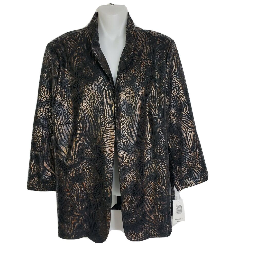 Bon Worth Womens Jacket Blazer Small Black Gold Open Front Printed Shoulder Pads